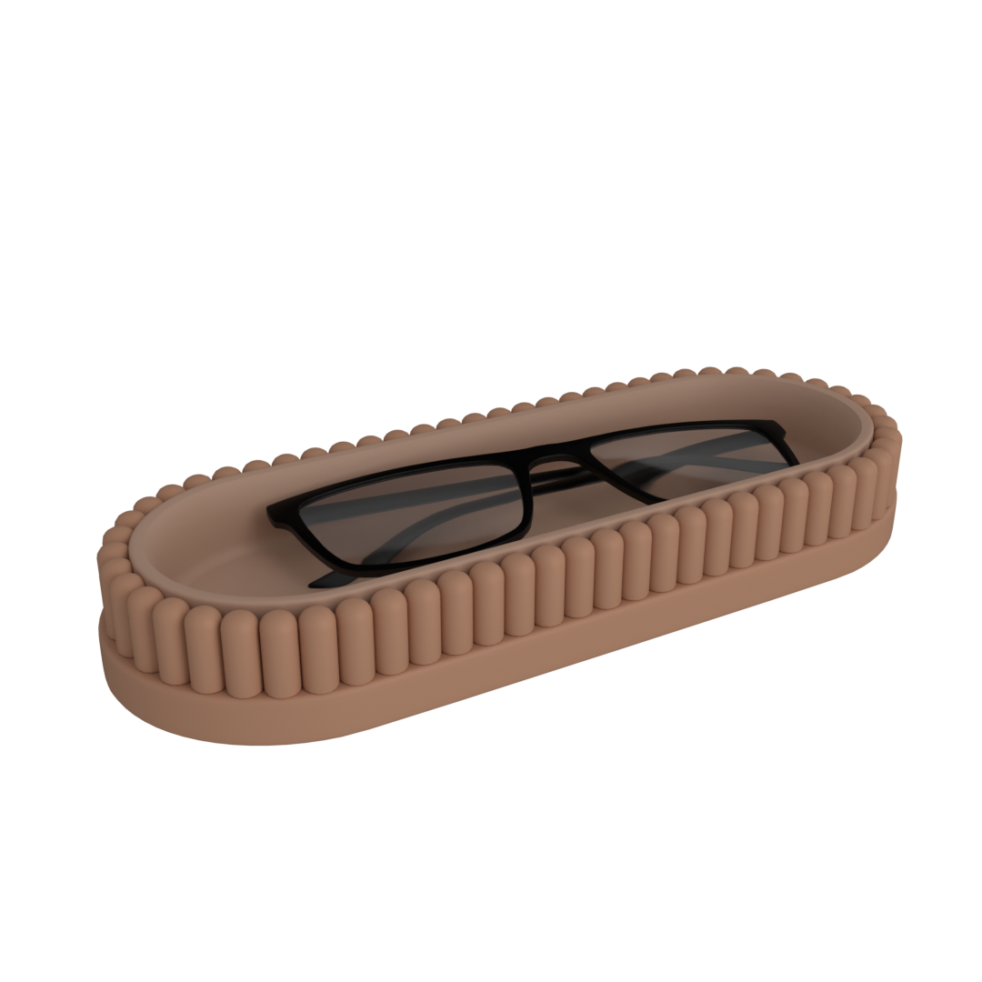 Organizer Set glasses tray: a ribbed oval tan tray holding a pair of black glasses